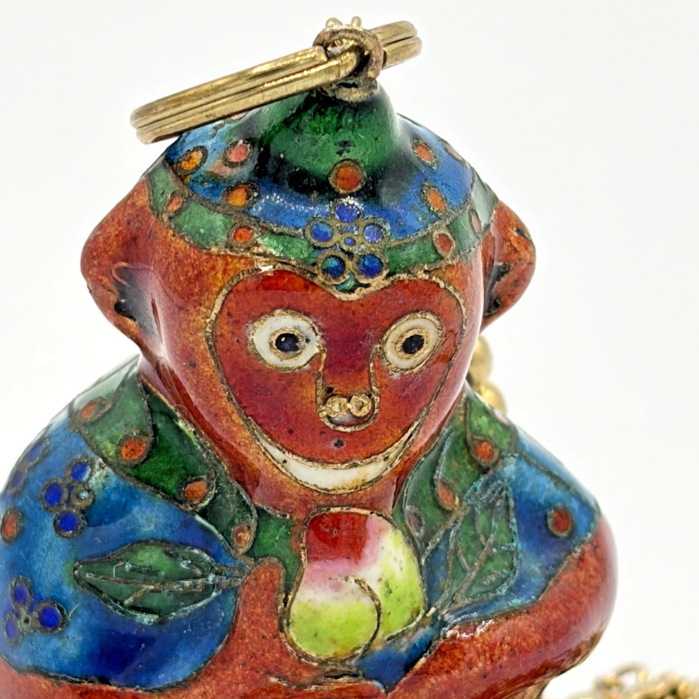 Vintage Les Bernard Cloisonne Enamel Monkey Peach Pendant Necklace Gold Tone - Picture 6 of 7